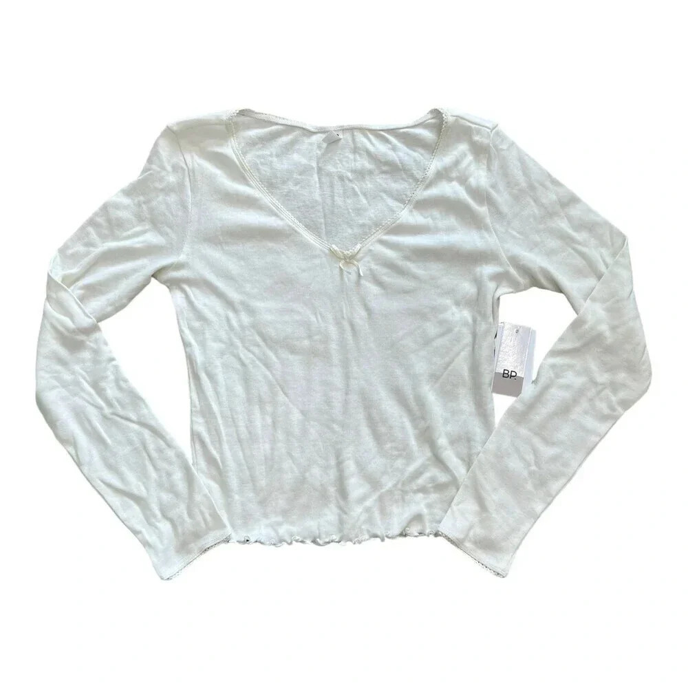 BP. Ivory Cropped Ribbed Long Sleeve Tee M